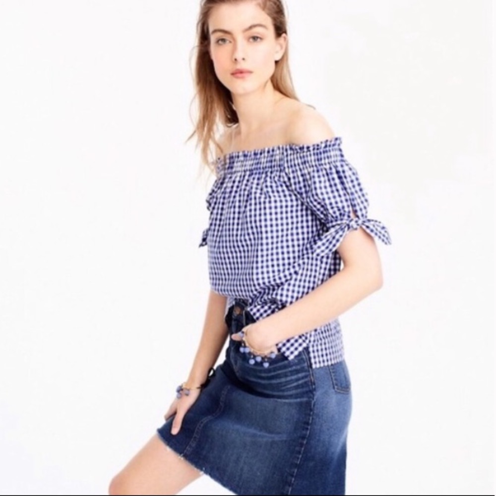 J Crew Off the Shoulder Blue White Gingham Top - Picture 1 of 9